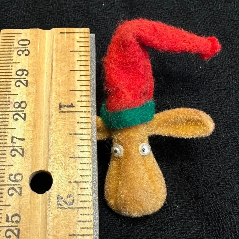 Vintage Flocked Reindeer Elf Hat Lapel‎ Pin Christmas Novelty Brooch